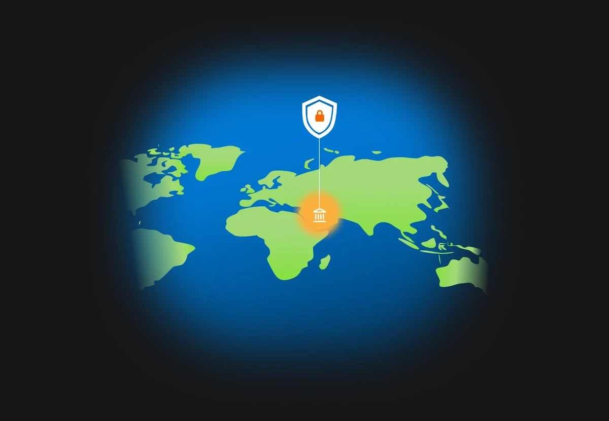 World map showing a sovereign shield protecting data in the GCC region