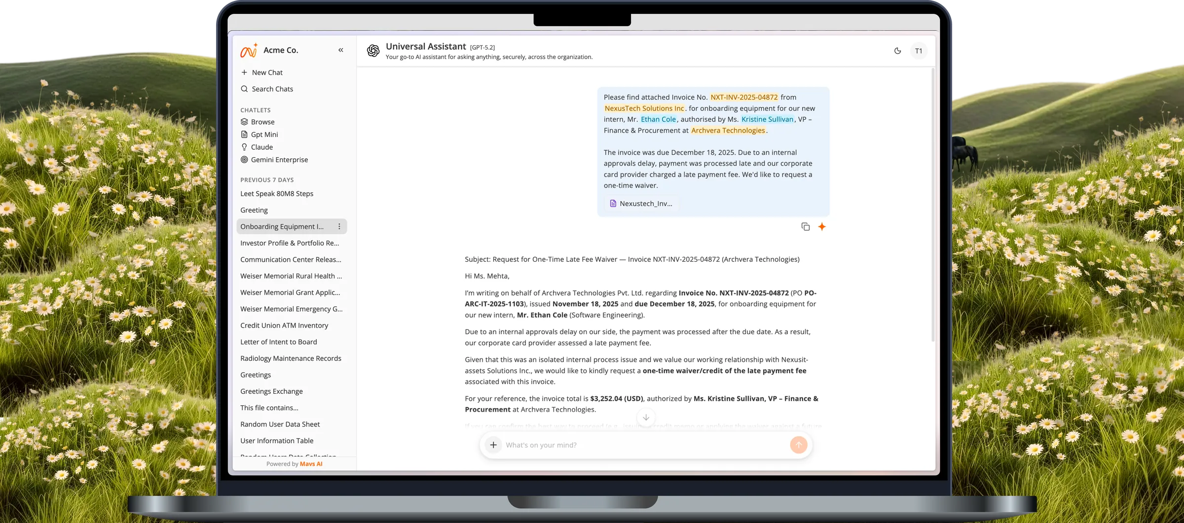 Mavs Secure Chat shown on a laptop in a meadow, with sensitive values highlighted in a prompt before it reaches the model.